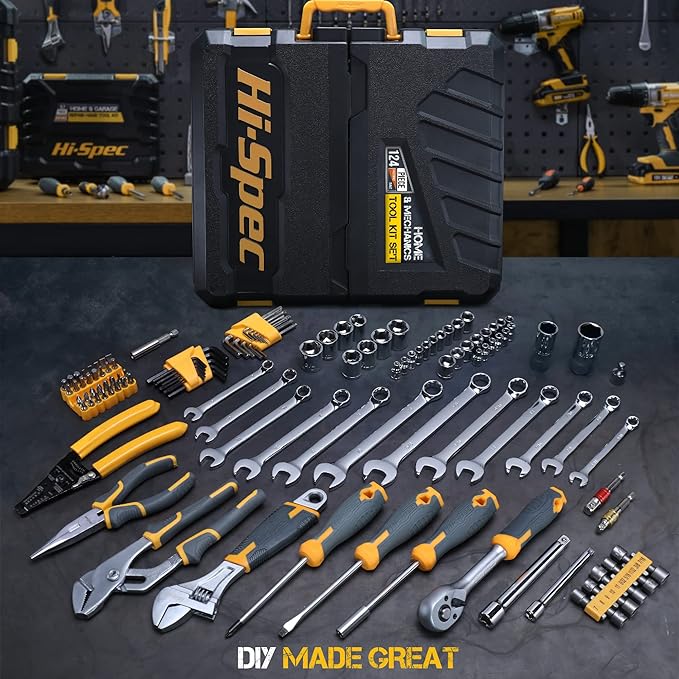 Hi-Spec 124piece Home & Garage Mechanics Tool Set, Socket Wrench Tool Sets for DIY Repairs with Plastic Storage Case