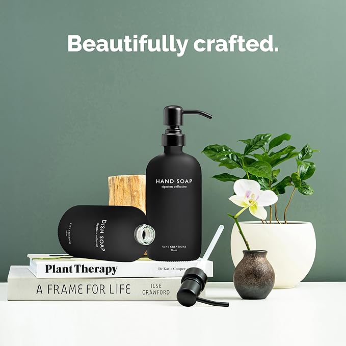 Vine Creations Black Glass Soap Dispenser Set, Dish Soap and Hand Soap Dispenser Set with Stainless Steel Pump, 16 oz Glass Dispensers for Kitchen Bathroom Decor (Matte Black Bottle/Matte Black Pump)
