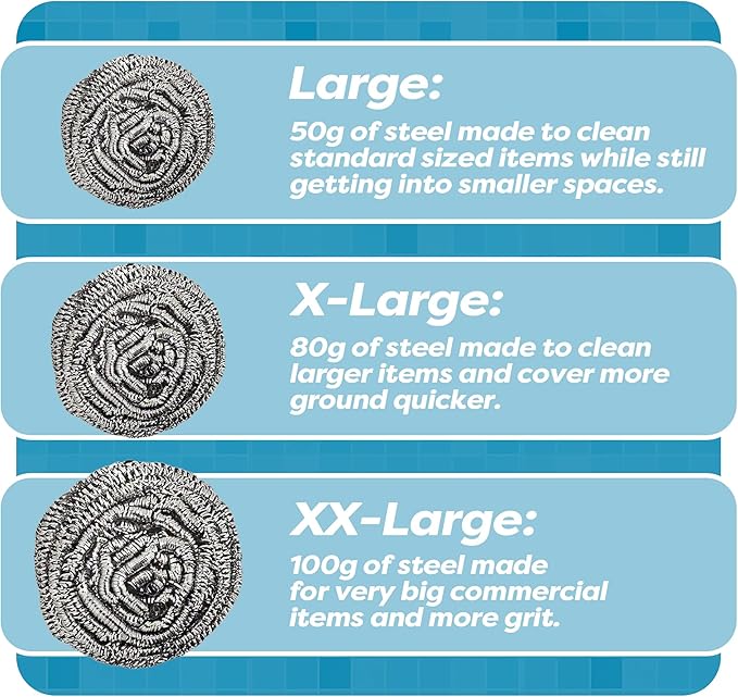 12 Pack Stainless Steel Scourers by Scrub It – Steel Wool Scrubber Pad Used for Dishes, Pots, Pans, and Ovens. Easy scouring for Tough Kitchen Cleaning. (Large (50 gram))