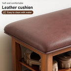 47.2“ Entryway Shoe Storage Bench with Leather Cushion, Farmhouse Wooden Shoe Rack Bench with 3 Tire Under Bench Shoe Storage, Adjustable Shelf and Seating, for Hallway, Front door, Outdoor