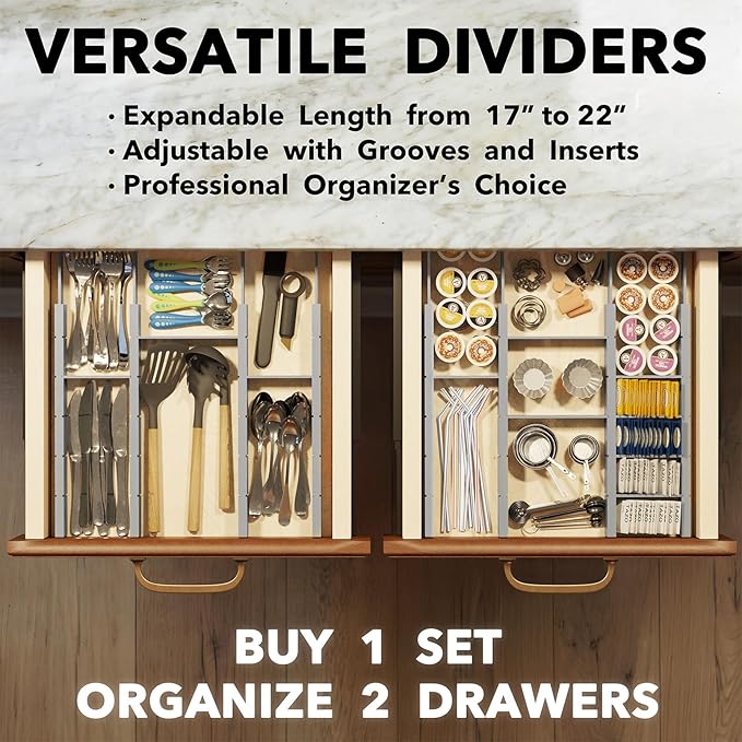 SpaceAid Bamboo Drawer Dividers with Inserts and Labels, Kitchen Adjustable Drawer Organizers, Expandable Organization for Home, Office, Dressers, 10 Dividers with 24 Inserts (17"-22" Gray)