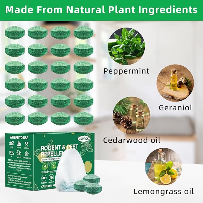 Pest Rodent Repellent, 24 Pack Peppermint Oil for Mouse, Rodent, Bugs,Mosquito,Roach, Ant, Spider Pest Repellent Indoor Outdoor Use, Powerful Natural Rodent Deterrent for House, Warehouse, Garage (24)