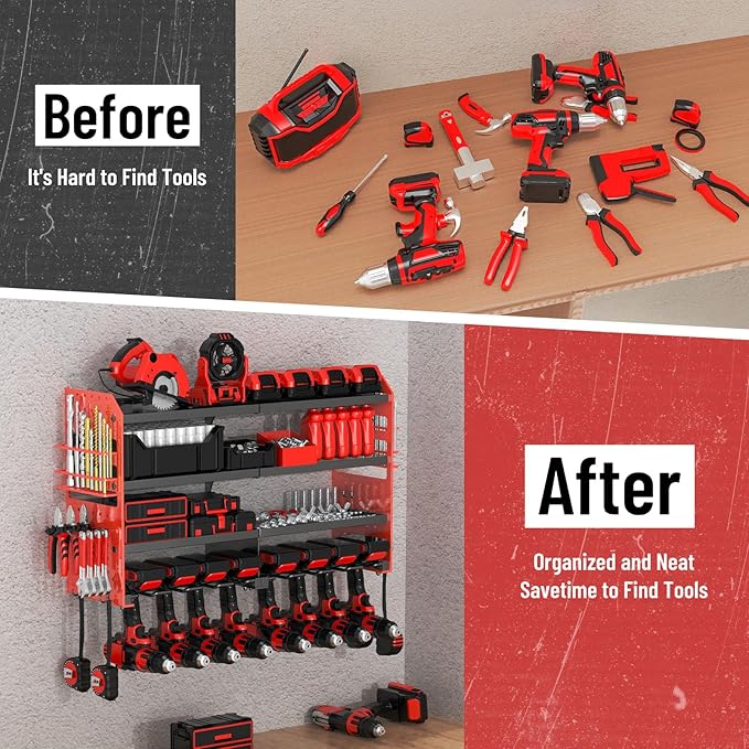 Large Power Tool Organizer Wall Mount with Charging Station, 4 Layer Heavy Duty Metal Cordless Tool Organizer, Tool Storage Rack with 8 Cordless Drill Holder Screwdriver Hammer(Red)