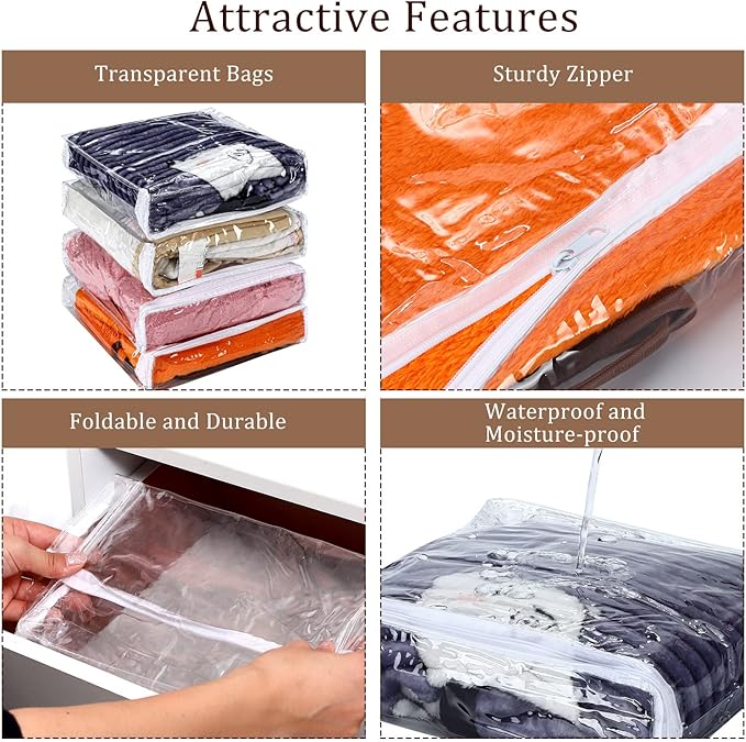 Kingdder 16 Pcs Clear Zippered Storage Bags Plastic Sweater Bags with Zipper 10 x 10 x 2.5 Inch Vinyl Sheet Organizer and Storage for Clothing Blankets Sheet Linen Bed Pillow Cube Organizer