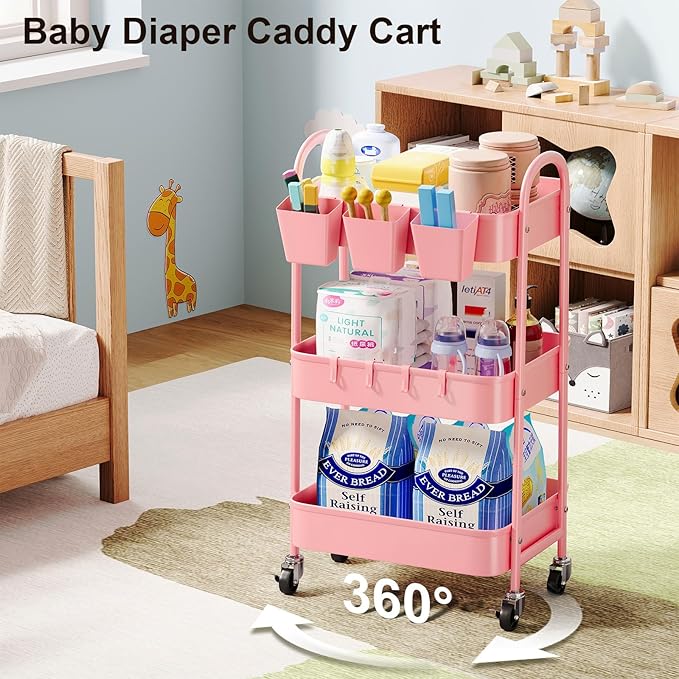 3 Tier Metal Rolling Cart with Lockable Wheels and Handle, Three Tiered Pink Trolley Cart on Wheels, Utility Storage Organizer for Bathroom, Kitchen, Teachers, Art, Crafts, Baby Diaper, Snack, Nail