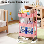 3 Tier Metal Rolling Cart with Lockable Wheels and Handle, Three Tiered Pink Trolley Cart on Wheels, Utility Storage Organizer for Bathroom, Kitchen, Teachers, Art, Crafts, Baby Diaper, Snack, Nail