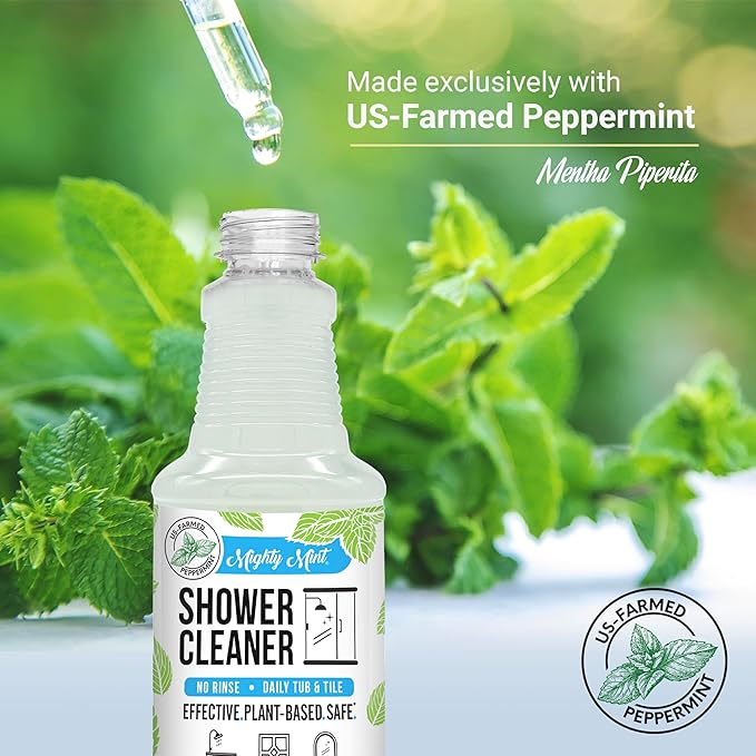 Mighty Mint Shower Cleaner, No-Rinse, No-Scrub, Daily Spray for Glass, Tile, Grout, Fresh Peppermint Scent, 16oz