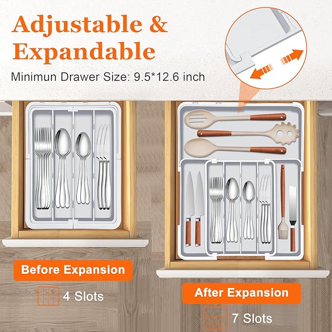 Expandable Silverware Drawer Organizer BPA Free Cutlery Organizer Small Utensil Organizer for Kitchen Drawers Adjustable Spoons Forks Knives Storage Divider, Gray