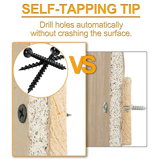 KURUI Drywall Screws Assortment Kit, #6 Black Wood Screws for Sheetrock,165pcs Picture Hanging Kit for Frame Painting Art Photo, Phillips Coarse Dry Wall Screw 4 Sizes 1",1-1/4",1-5/8",2"