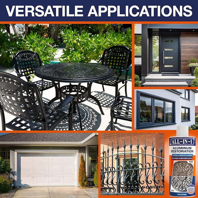 All-In-1 Aluminum Cleaner & Restoration Solution – Made in USA, Restores Faded Patio Furniture, Garage Doors, & Outdoor Fixtures, Aluminum Brightener & Restorer for All Painted Metal Surfaces, 16 OZ