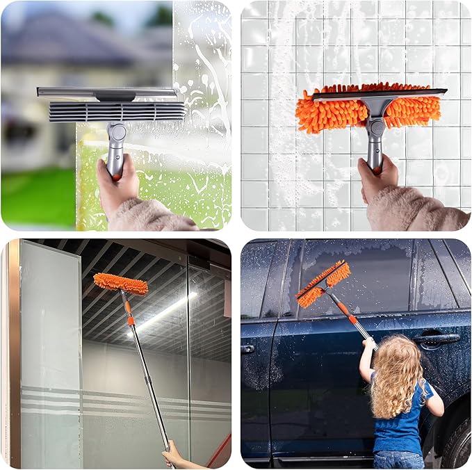 BITOPE 2 in 1 Squeegee for Window Cleaning Tool,Long Handle Window Cleaner Tool with Stainless Steel Extension Pole for Car,Shower, Glass Doors, Outdoor High Window