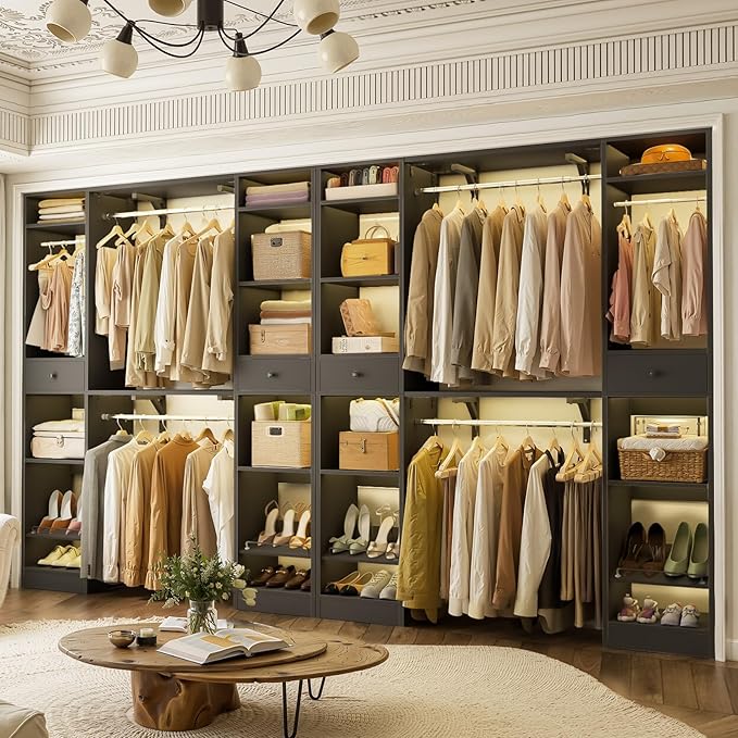 Unikito 10-15FT Closet Systems, Large Wood Walk in Closet Organizer with Hanging Rods and Drawers, Heavy Duty Closets Wardrobe with Shoe Racks, Sturdy Reversible Clothes Closet Kit, Black, Set of 2