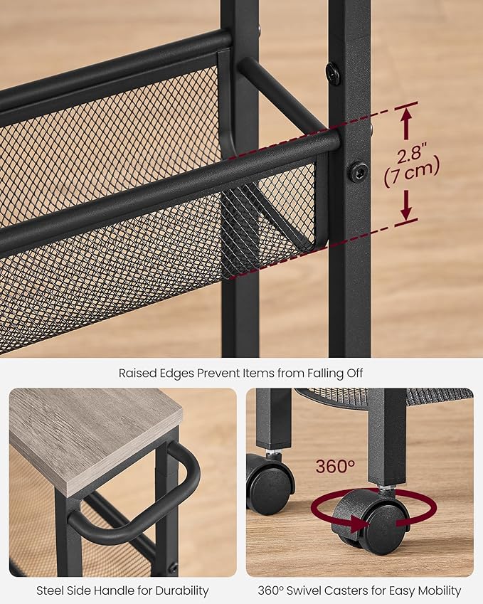 VASAGLE Slim Rolling Cart, 4-Tier Storage Cart, Narrow Cart with Handle, 5.1 Inches Deep, Metal Frame, for Kitchen, Dining Room, Living Room, Home Office, Heather Greige and Classic Black ULRC032K01