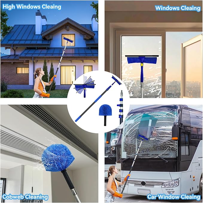 26FT+ Professional Window Cleaning Kit,High Reach Duster Kit,Spider Web Duster,with 20 ft Telescopic Pole 2 in 1 Window Cleaning Squeegee Kit for Outdoor & Indoor Cleaning