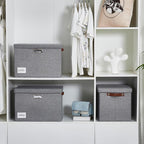 17" Large Collapsible Storage Bins with Lids, Stackable Closet Organizers with PU Handle and Labels, 3-Pack Decorative Fabric Storage Boxes for Home, Bedroom, Closet, Office, Nursery(Gray)