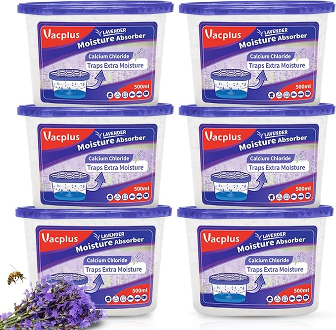 Vacplus Moisture Absorbers 6 Pack, 10.5 Oz Portable Humidity Absorber Boxes for Your Bathroom, Closet & Car, Dehumidifier with Lavender Fragrance, Purple