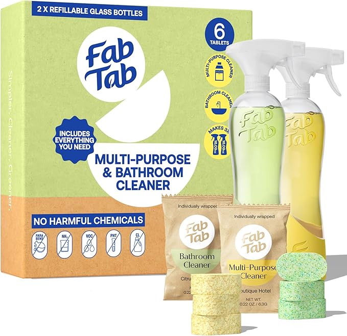 Fab Tab Tablet Cleaner, Multi-Purpose & Bathrom Cleaner for Eco-Concious Cleaning, Non Harmful & Chemical-Free Formula, Convenient Refills with 2 Glass Bottles, Luxury Hotel Scent (6 Refill Tablets)
