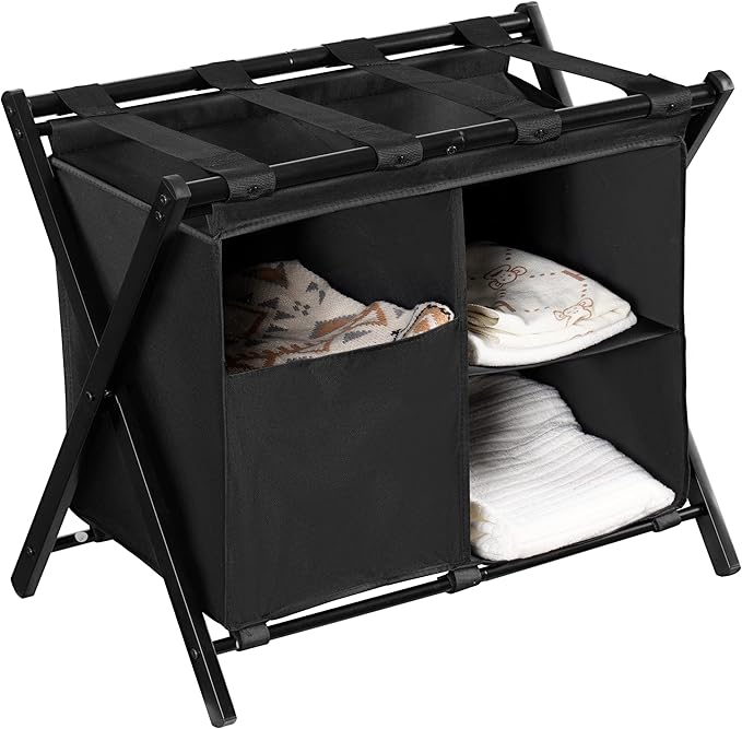 Heybly Luggage Rack with Laundry Bag,Steel Folding Suitcase Stand for Bedroom, Hotel, Foldable Steel Frame, Guest Room Bedroom Hote, 23.62" L x 15.57" W x 24.21" H, Black,HLR006B1