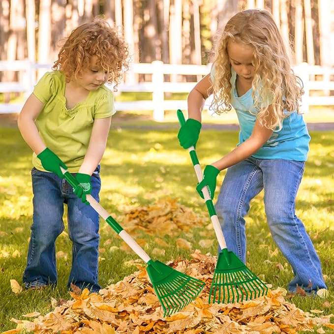 2 Pcs 35'' Kids Rakes for Leaves - Plastic Rake Head with 2 Pairs Kids Gloves, Small Kids Lawn Rakes Detachable Wooden Handle, Autumn Garden Tool Set for Kids Boys and Girls, Green, 3yr+