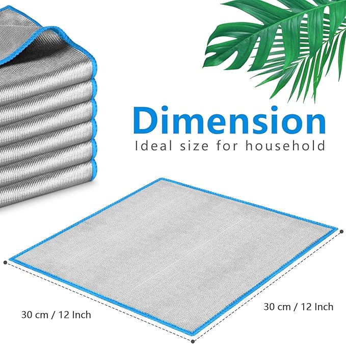 Glass Polishing Cloth Streak Free Miracle Microfiber Cleaning Cloth Lint Free Cleaning Rags for Glasses Kitchen Dish Mirrors Easy Clean, Pack of 6, 12" x 12", Sliver-Blue