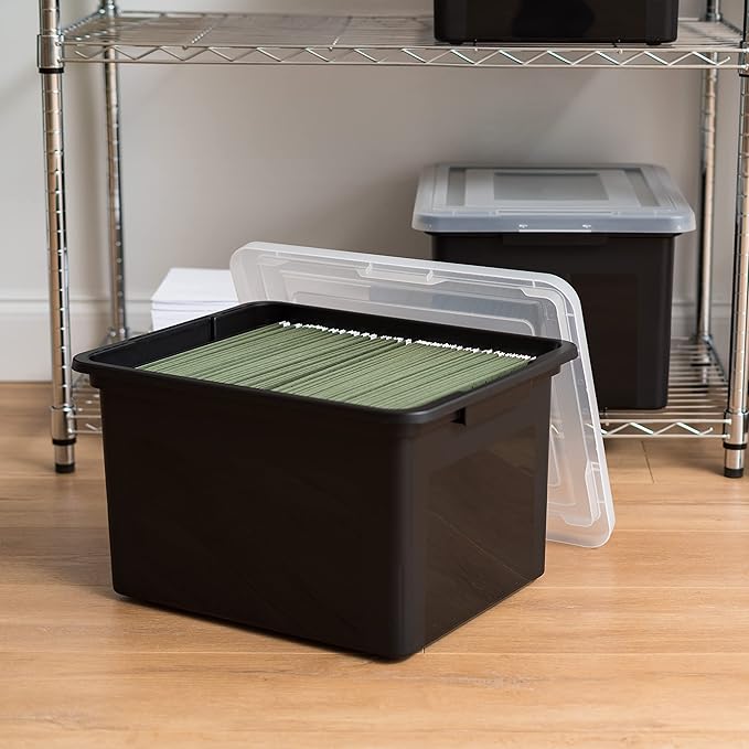 IRIS USA File Box File Organizer Plastic File Box for Letter/Legal File, BPA-Free Plastic Storage Bin Tote Organizer with Durable and Secure Latching Lid, Stackable and Nestable, Black 35 Qt. 1Pack