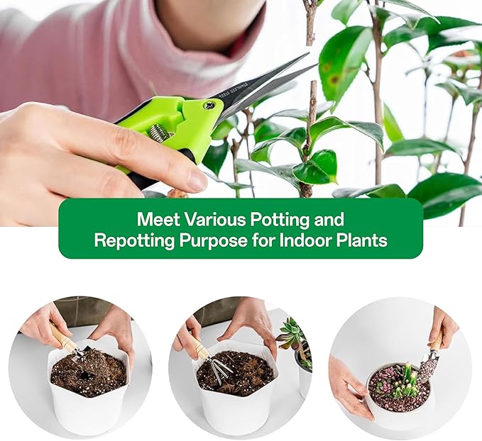 Reusable and Durable 5pcs Green Solid Lacquered ironsteel Garden Tool Set with Spade, rake, Shovel, and 6.5 inch Plant Shears, Waterproof repotting mat for Indoor and Outdoor Plants