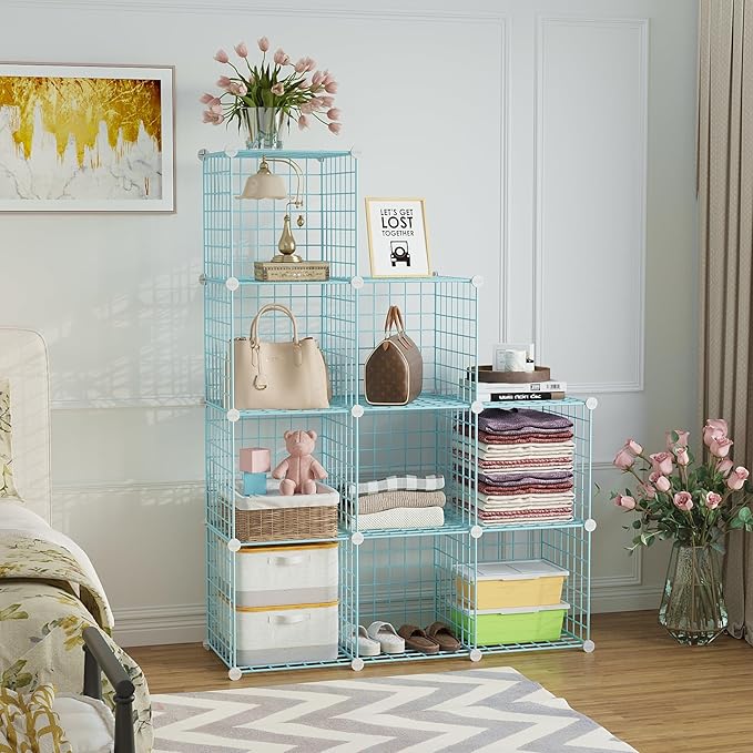 C&AHOME Wire Cube Storage, 9 - Cube Organizer Metal C Grids, Modular Shelves Units, Closet Organizer, Ideal for Home, Office, Living Room, 36.6”L x 12.4”W x 48.4”H, Blue UWCS3009B