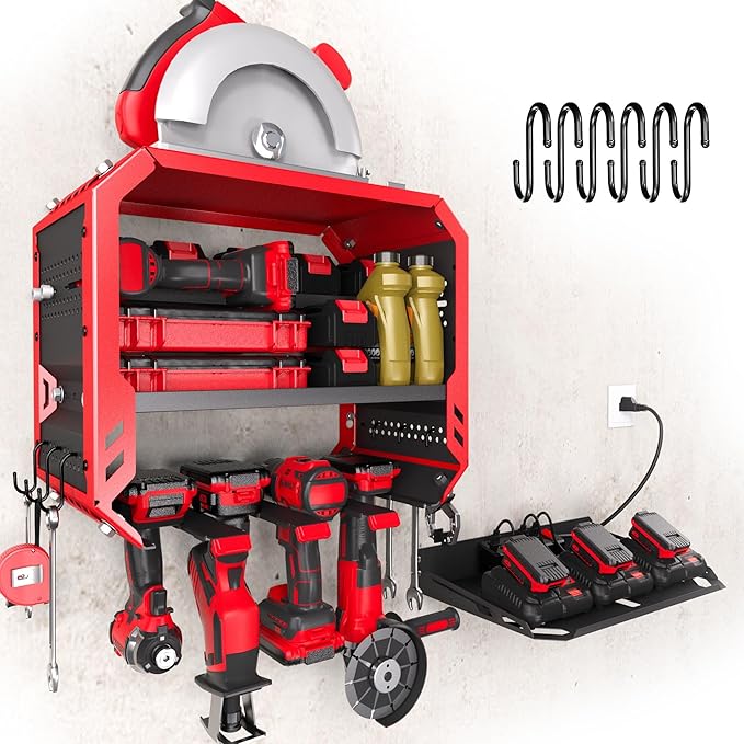 Power Tool Organizer Wall Mount with Charging Station, 3 Layer Heavy Duty Metal Tool Storage Rack Loads 420lbs with 4 Cordless Drill Holder, Battery Utility Rack Loads with 4 Power Strip
