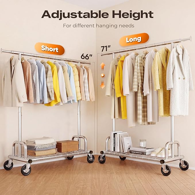 HOKEEPER Heavy Duty Clothes Rack Load 525 LBS, 75''W Adjustable Garment Rack, Rolling Clothing Rack for Hanging Clothes with Lockable Wheels, Portable Collapsible Closet Rack for Bedroom Laundry Room