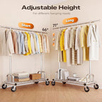 HOKEEPER Heavy Duty Clothes Rack Load 525 LBS, 75''W Adjustable Garment Rack, Rolling Clothing Rack for Hanging Clothes with Lockable Wheels, Portable Collapsible Closet Rack for Bedroom Laundry Room