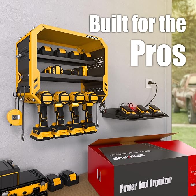 Tool Organzier Storage Wall Mount, Tool Shelves Drill Holder for Men, Metal Sturdy Steel Rack Saves Space in Workshop/Garage Organizes Power Tools, Screwdrivers, Gadgets, Floating Shelving
