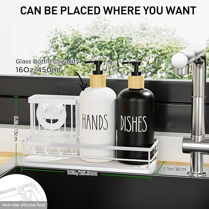 Moforoco Kitchen Dish Soap Dispenser Set, 16OZ Glass Bottle, Hand and Dish Soap Dispenser Set, Instant Dry Tray, Non-Slip Silicone Pad, Brush Holder with Smiley Face Sponge Holder, Kitchen Decor