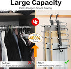 Pants Hangers Space Saving - 2 Pack Closet Organizer and Storage Jean Hangers, Stainless Steel Anti-Slip Clothes Hanger Scarf Holder for Pants Jeans Leggings Trousers Pant Rack, Black