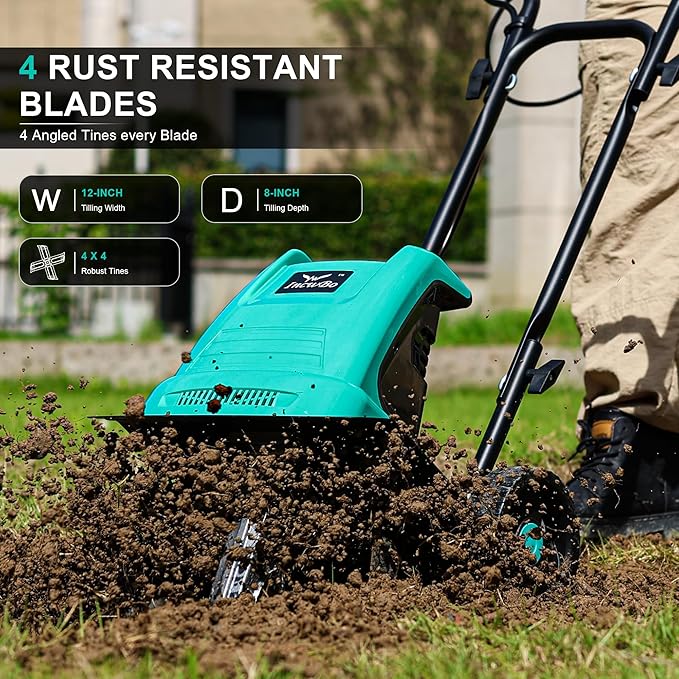 Electric Rototiller Garden Tiller 12 Inch Tilling Width 8-Inch Electric Tiller 10.5 Amp Tiller Cultivator for Garden Yard