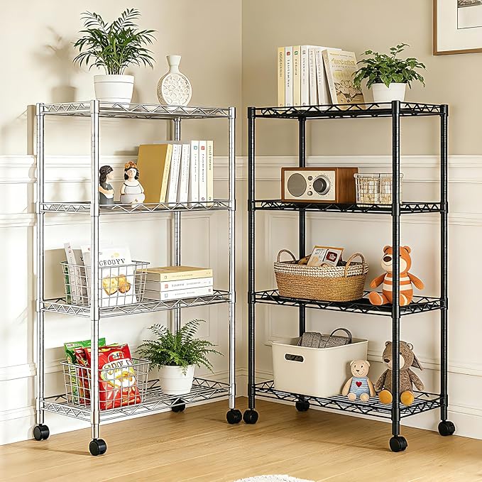 4-Tier Wire Shelf Metal Rack,Narrow Wire Shelving Unit 17.3" Wx11.4 Dx44.3 H,Height Adjustable Storage Pantry Shelves with Lockable Wheels for Kitchen,Laundry,Office,Bathroom Or Small Spaces
