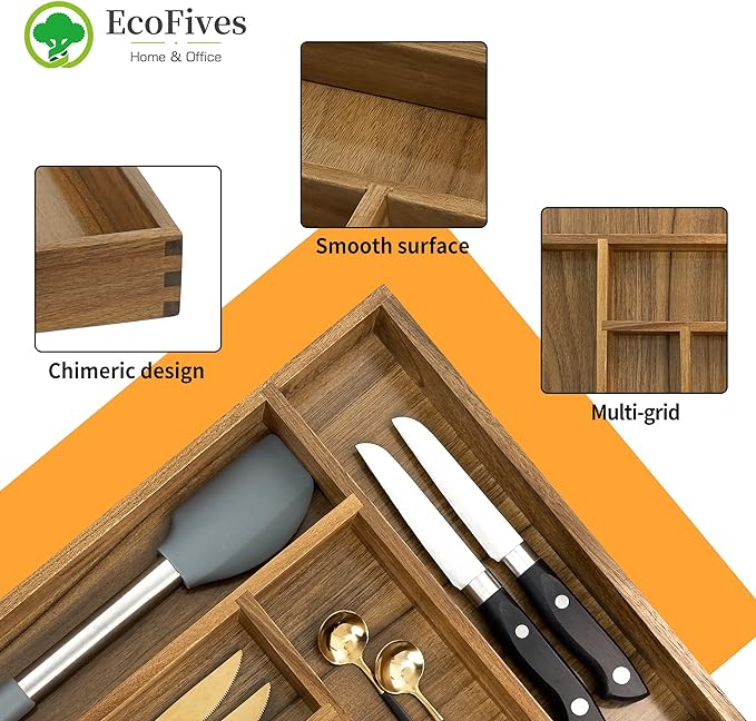 Luxury Acacia Kitchen Drawer Organizer - Silverware Organizer - Utensil Holder and Cutlery Tray with Grooved Drawer Dividers for Flatware and Kitchen Utensils (6 Slot)