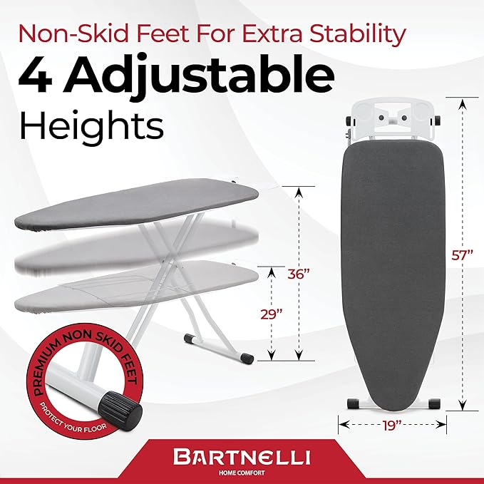 Bartnelli Extra Wide Pro Ironing Board 19x48 Ironing Surface with Iron Rest, Cord Holder, Shelf and 4 Layer Heat Resistant Cover and Pad