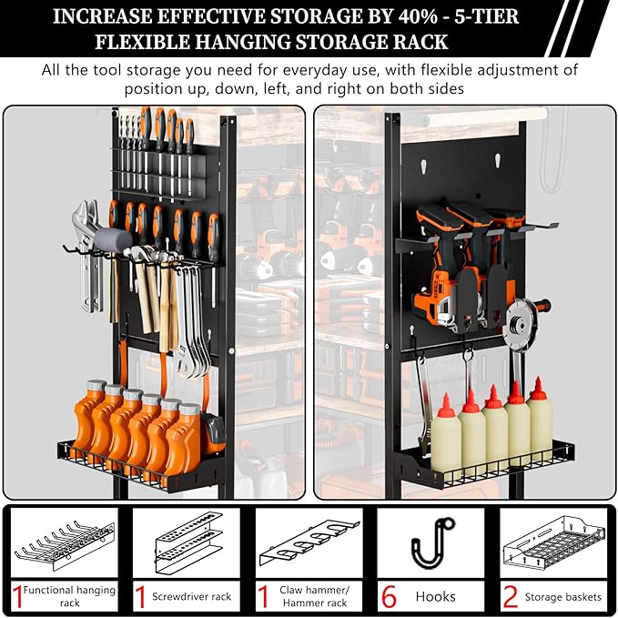 Heavy-Duty Power Tool Organizer with Charging Station,Premium Thickened Wood Panels,Tool Organizer 5 Layers + 5 Side Hooks Lntegrated Design Tool Organizers and Storage