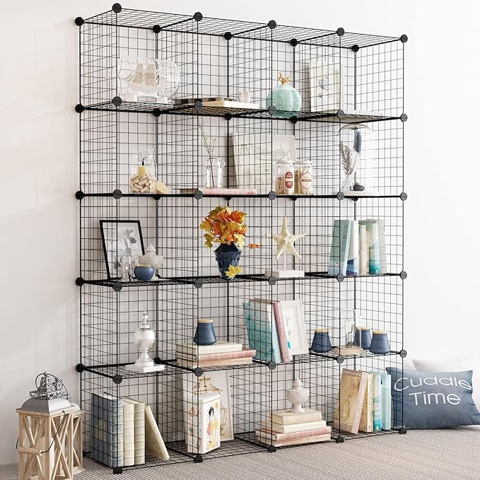 TUMUCUTE Wire Storage Cubes, Metal Storage Shelves Bookshelf, Stackable Modular Closet Organizer for Bedroom Living Room, Office, Black (20-Cube, Iron)