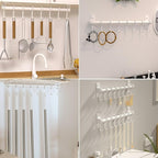 Dseap Kitchen Utensil Holder Hanger, Pot and Pan Rack Wall Mount, Kitchen Rail with 8 Hooks for Hanging Cooking Utensils, Mugs, Spoons, Wall Mounted, Stainless Steel, White