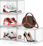 4 Pack X-Large Shoe Boxes Clear Plastic Stackable Storage Box Size 14 Thicken Sneaker Shoes Containers with Magnetic Door Acrylic Display Case Organizer for Closet