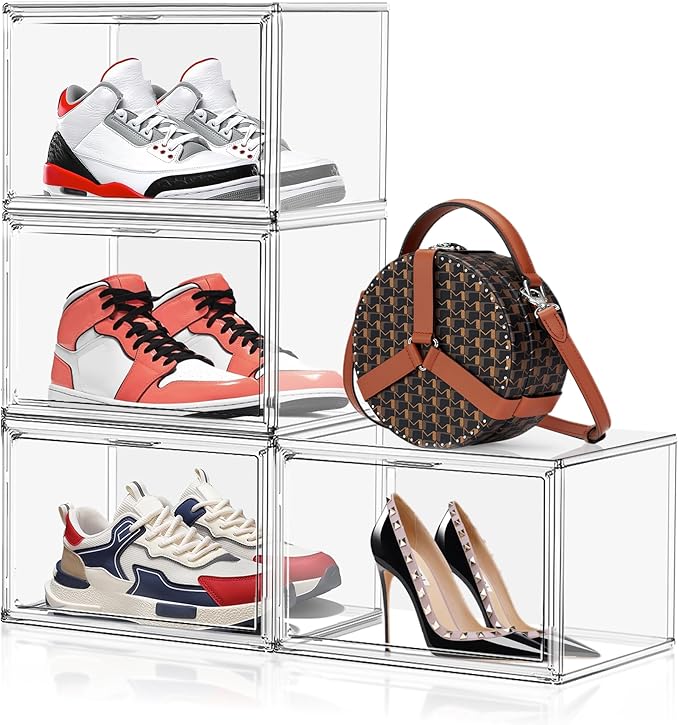 4 Pack X-Large Shoe Boxes Clear Plastic Stackable Storage Box Size 14 Thicken Sneaker Shoes Containers with Magnetic Door Acrylic Display Case Organizer for Closet