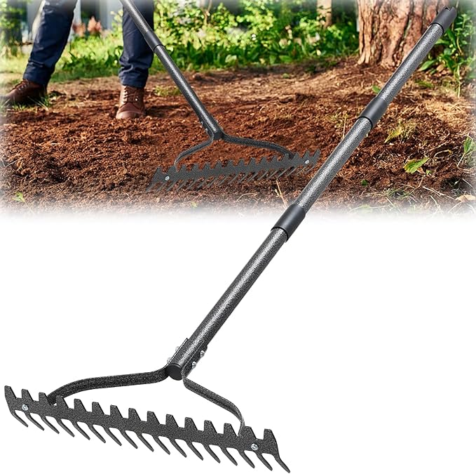 Garden Rake Heavy Duty, 17 Tines Metal Bow Rake with 77" Adjustable Handle, Landscape Yard Rakes for Lawns Leveling Loosening Soil, Spreading Mulch, Clearing Leaves Weeds Lawn Care Tool Thatch Rakes