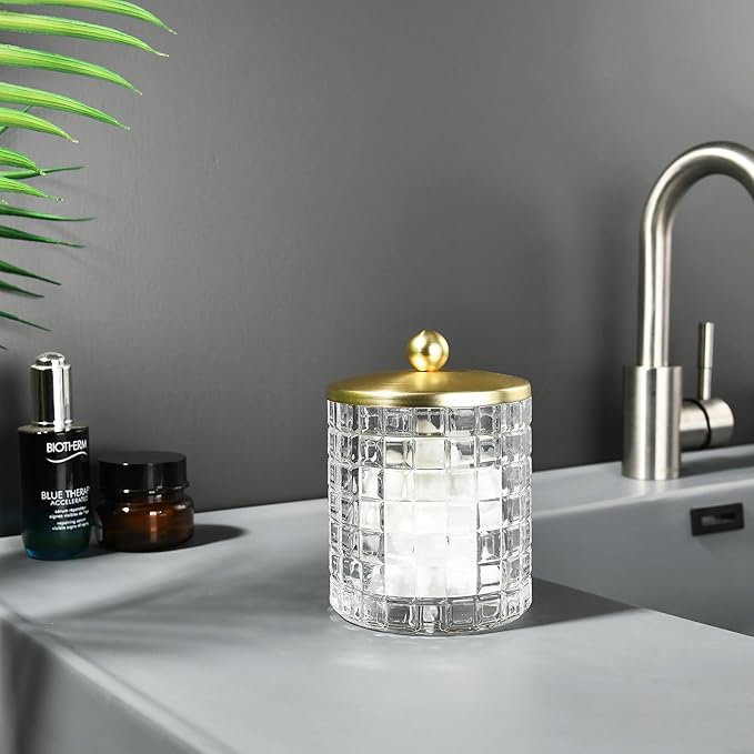 Clear Tranparent Apothecary Etched Geometric Grid Glass Jar W/Gold Metal Lid Cover for Bathroom Organization, Cotton Balls, Q Tips, and Small Accessories, Bathroom Storage