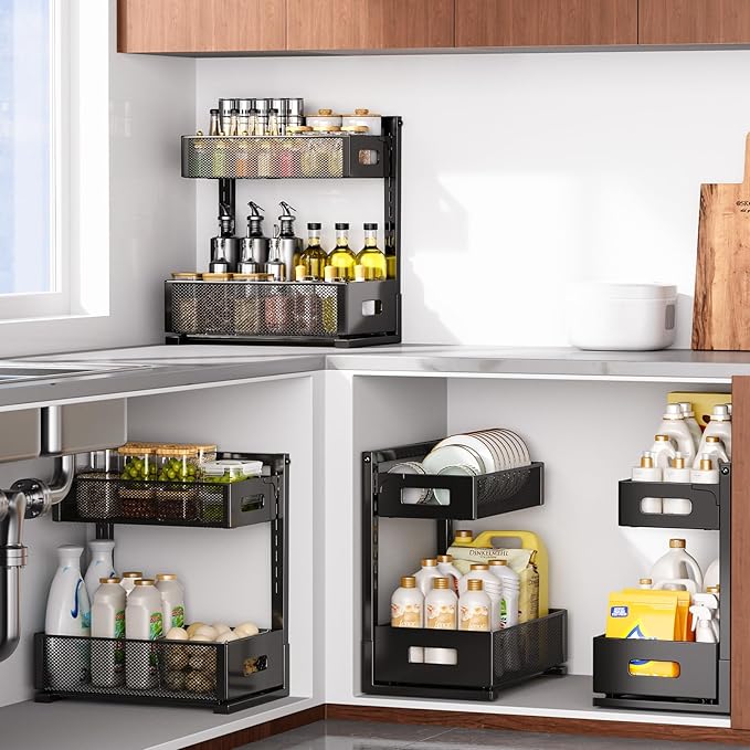 Under Sink Organizer 2 Tier, Adjustable Height Under Sink Organizers and Storage, Smooth & Silent Sliding Out Metal Drawer for Kitchen Bathroom Pantry Cabinet Closet