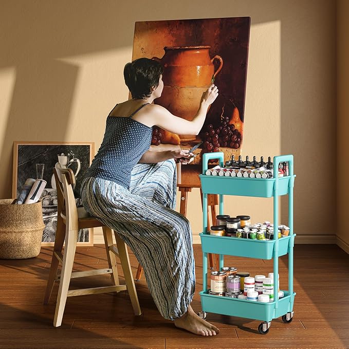 Pipishell 3 Tier Rolling Cart Organizer, Plastic Rolling Cart with Lockable Wheels & Reinforced Handle, Lightweight Utility Cart Storage Cart for Nursery, Kitchen, Bathroom, Craft Room, Turquoise