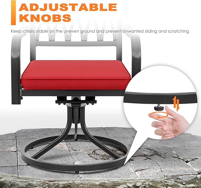 NUU GARDEN 3 Piece Outdoor Bistro Set, Iron Swivel Chairs with Red Cushions and 20" Round Bistro Table, Powder-Coated Iron Frame for Patio, Deck, Garden, Backyard, Black