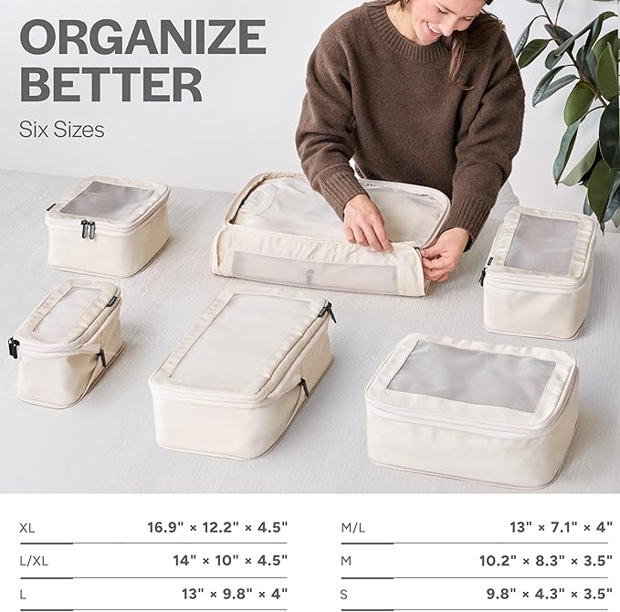 Compression Packing Cubes for Travel - Luggage Organizer Bags - Double Zipper Packing Cubes for Suitcases (6-Pack, Beige)