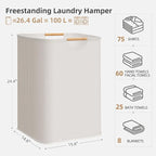 STORAGE MANIAC 1-Pack Large Laundry Hamper, 100L (26.4 Gal) Collapsible Laundry Basket with Bamboo Handles, Freestanding Waterproof Clothes Hamper for Laundry Room, Bedroom, Dorm, Towels, Toys, White