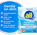 all sensitive fresh, Spring Breeze, MIGHTY PACS Scented Laundry Detergent for Sensitive Skin, Hypoallergenic, 19 Count (Pack of 6)